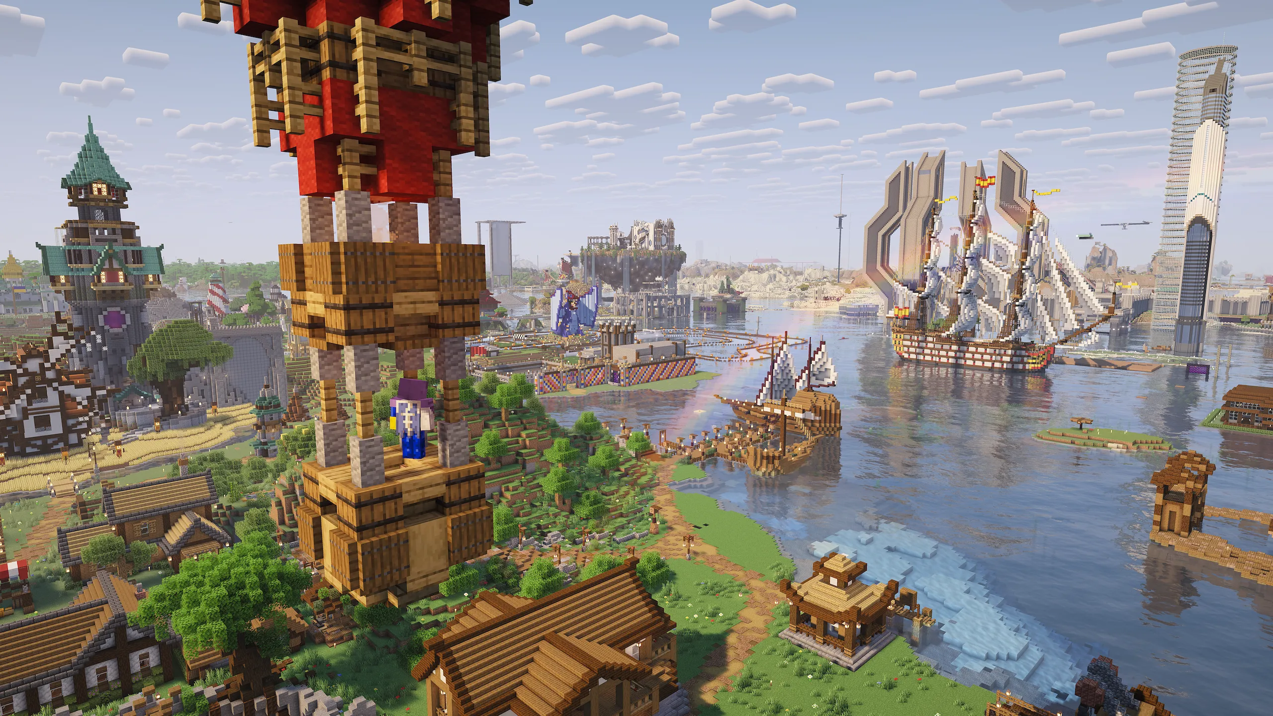 View of Vanilla Europa's spawn-surrounding builds from the vantage point of a hot-air balloon. View of Vanilla Europa’s spawn-surrounding builds from the vantage point of a hot-air balloon.
